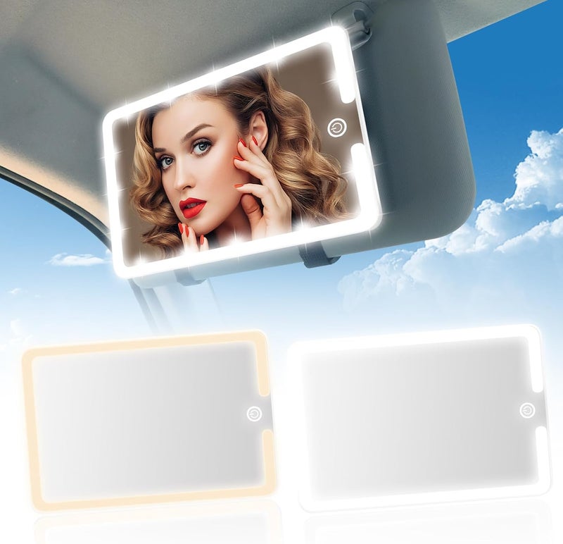saiggnyy 2PCS LED Mirror for Car Sun Visor Accessories,Mid-Size Car Visor Mirrors with 3-Color Dimmable Lights,Lighted Rear View Mirror for Universal Vehicle (White) - Image 1